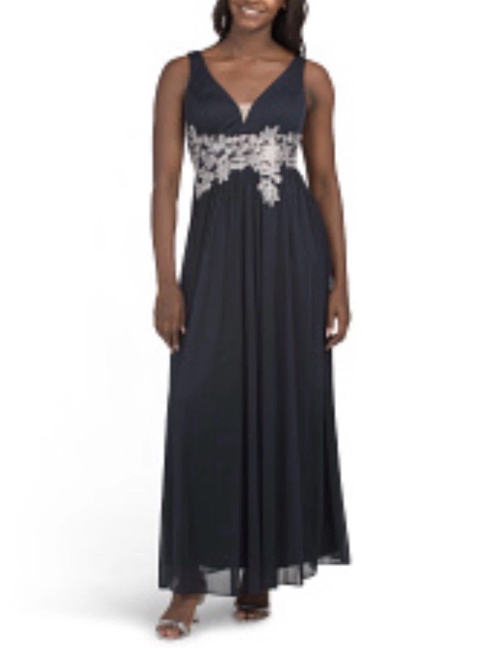 Betsy & Adam Navy Maxi Gown with Silver Floral Embroidery waist Size 6